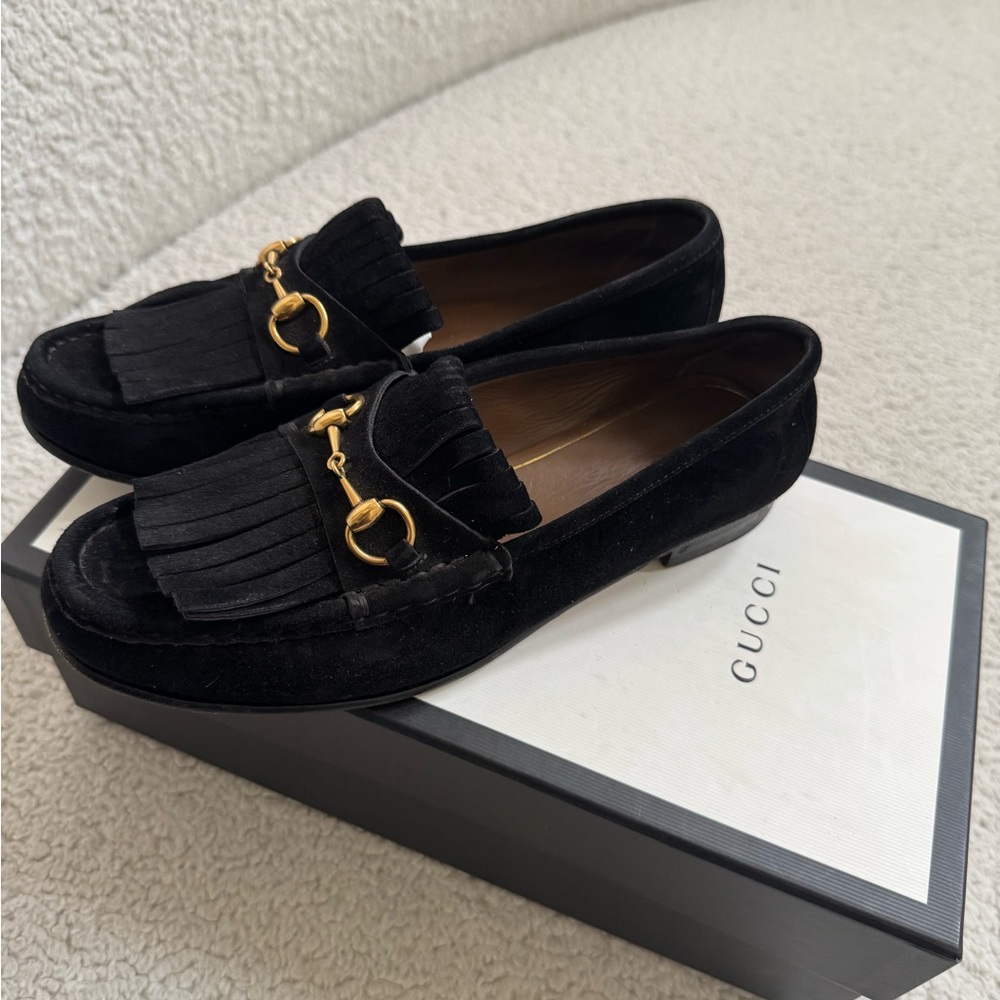 Gucci Women Horsebit Loafers Suede Fringe Black
